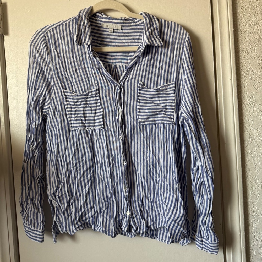 Love Tree Blue White Striped Button Down Shirt Long Sleeve Pocket Rayon Large